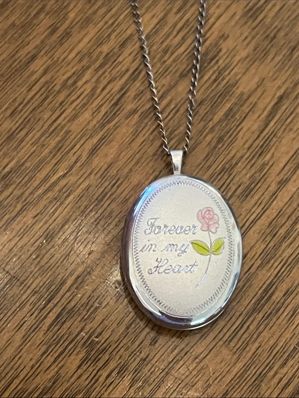 .925 “Forever in My Heart" Silver Oval Pendant Necklace with Pink Rose 18 inch